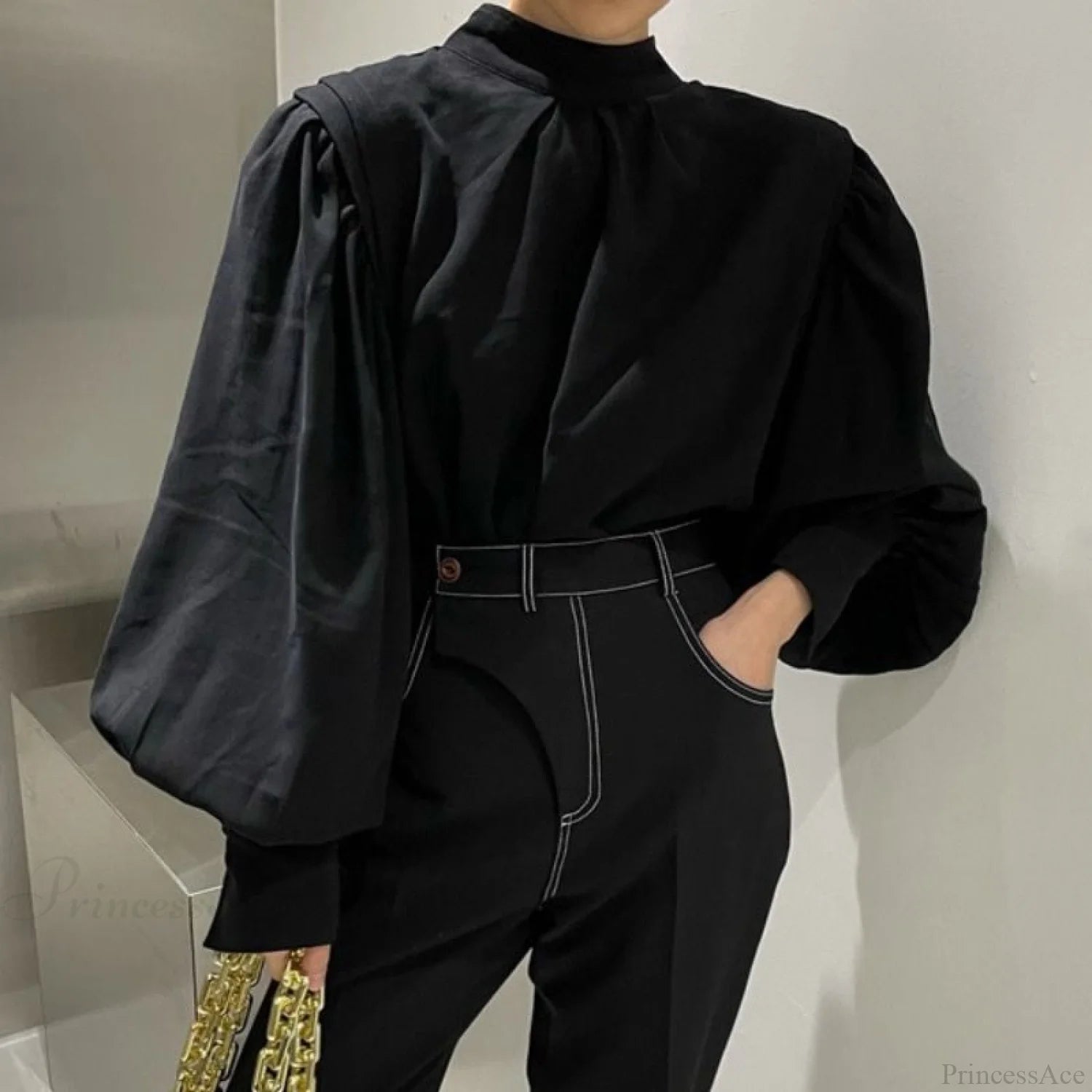 Elegant Blouse Black Sleeves Lantern Oversized And Vintage With Up Button Women’s Detail