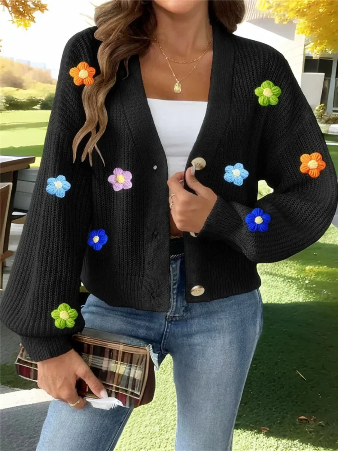 Black Lantern Sleeve Flower Button-Up Knitted Cardigan cardiagn-250126