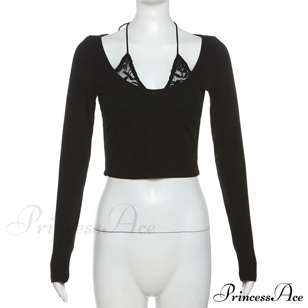 Black Long Sleeve Charming Lace Trim Halter Top