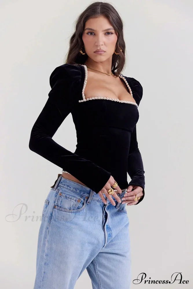 Black Long Sleeve Square Graceful Neck Corset Tie Up Top / L