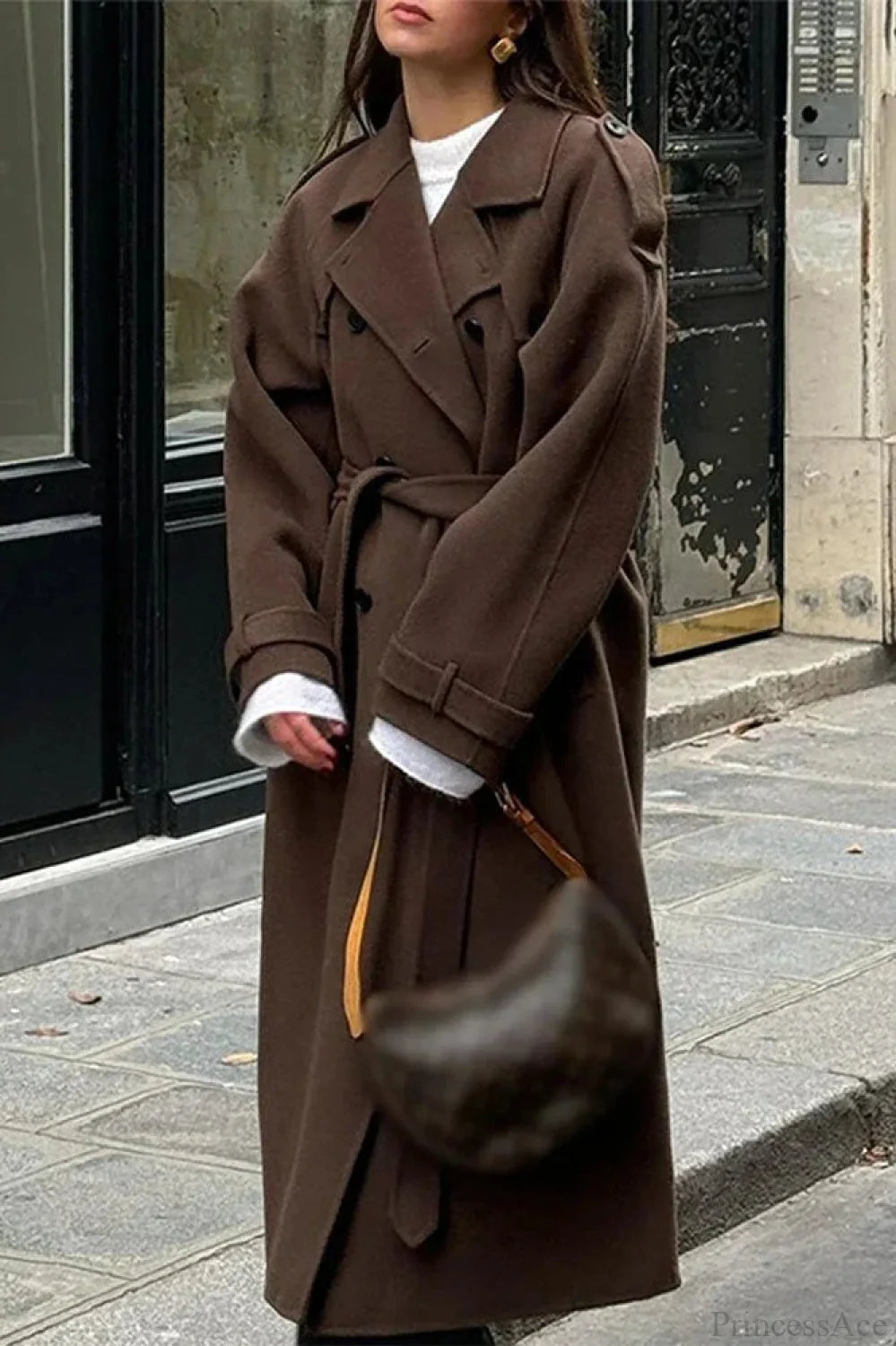 Black Loose Lapel Double-Breasted Overcoat Brown / S