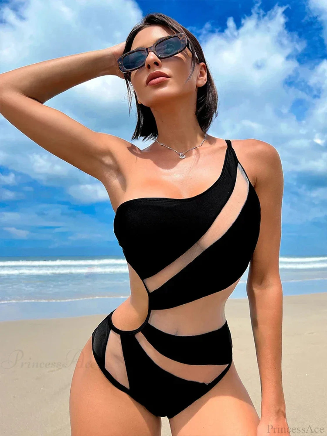 Black Mesh One Shoulder High Cut Monokini One Piece BLACK / S onepiece-250223