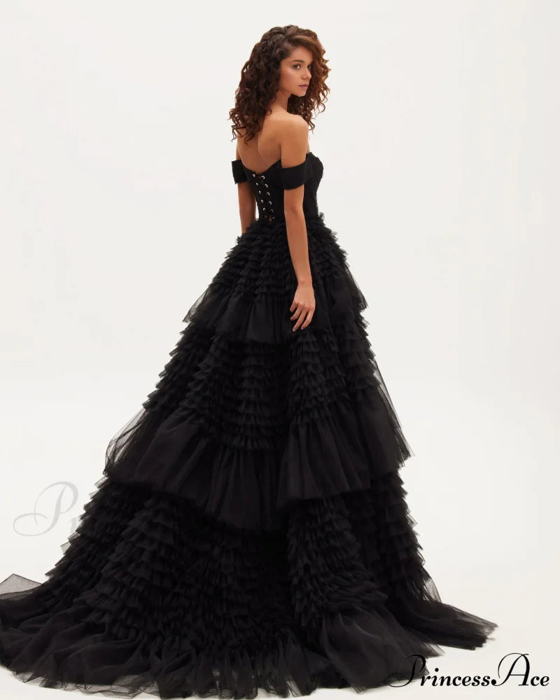 Black Off-The-Shoulder Stylish Frill-Layered Gown M / Dress