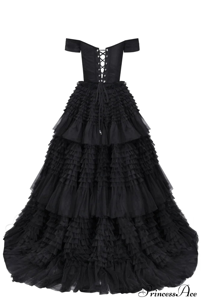 Black Off-The-Shoulder Stylish Frill-Layered Gown S / Dress