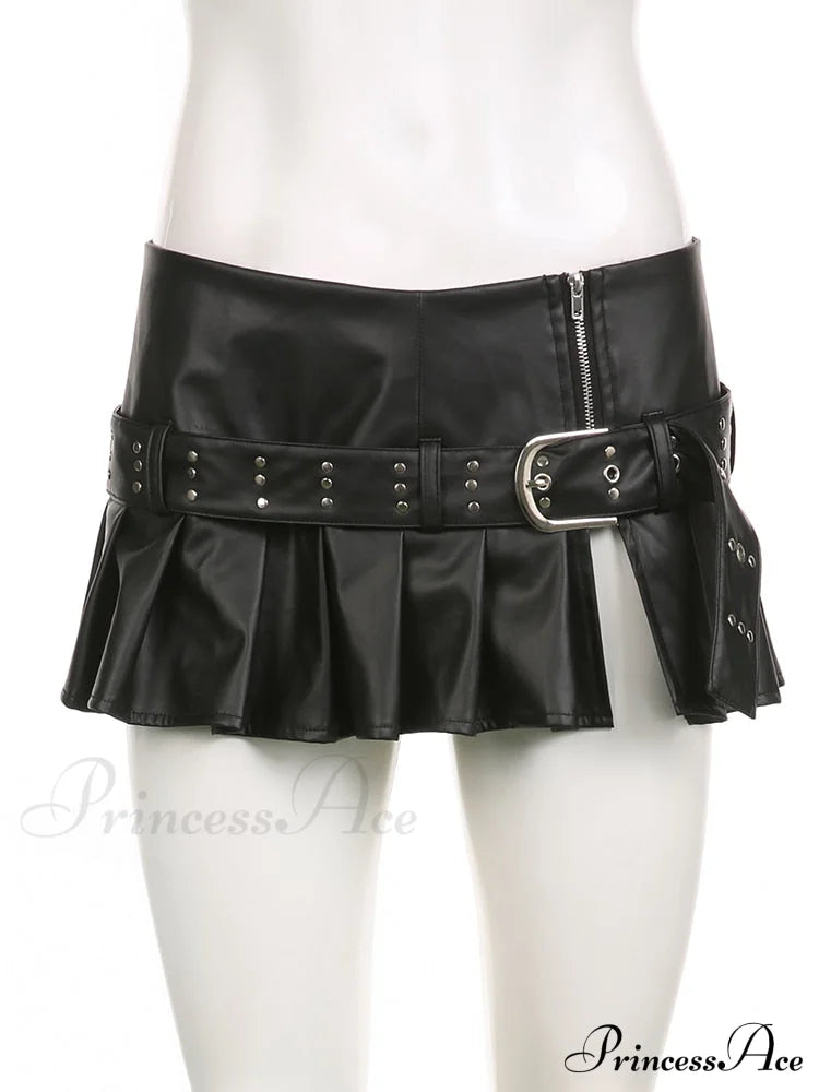 Black Pleated Belted Charming Slit Micro Mini Skirt