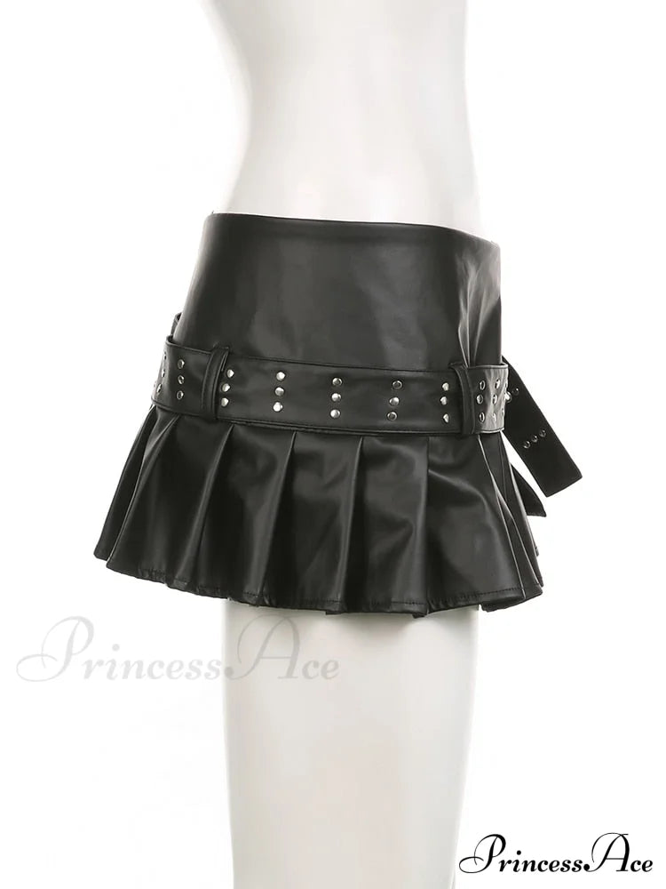 Black Pleated Belted Charming Slit Micro Mini Skirt