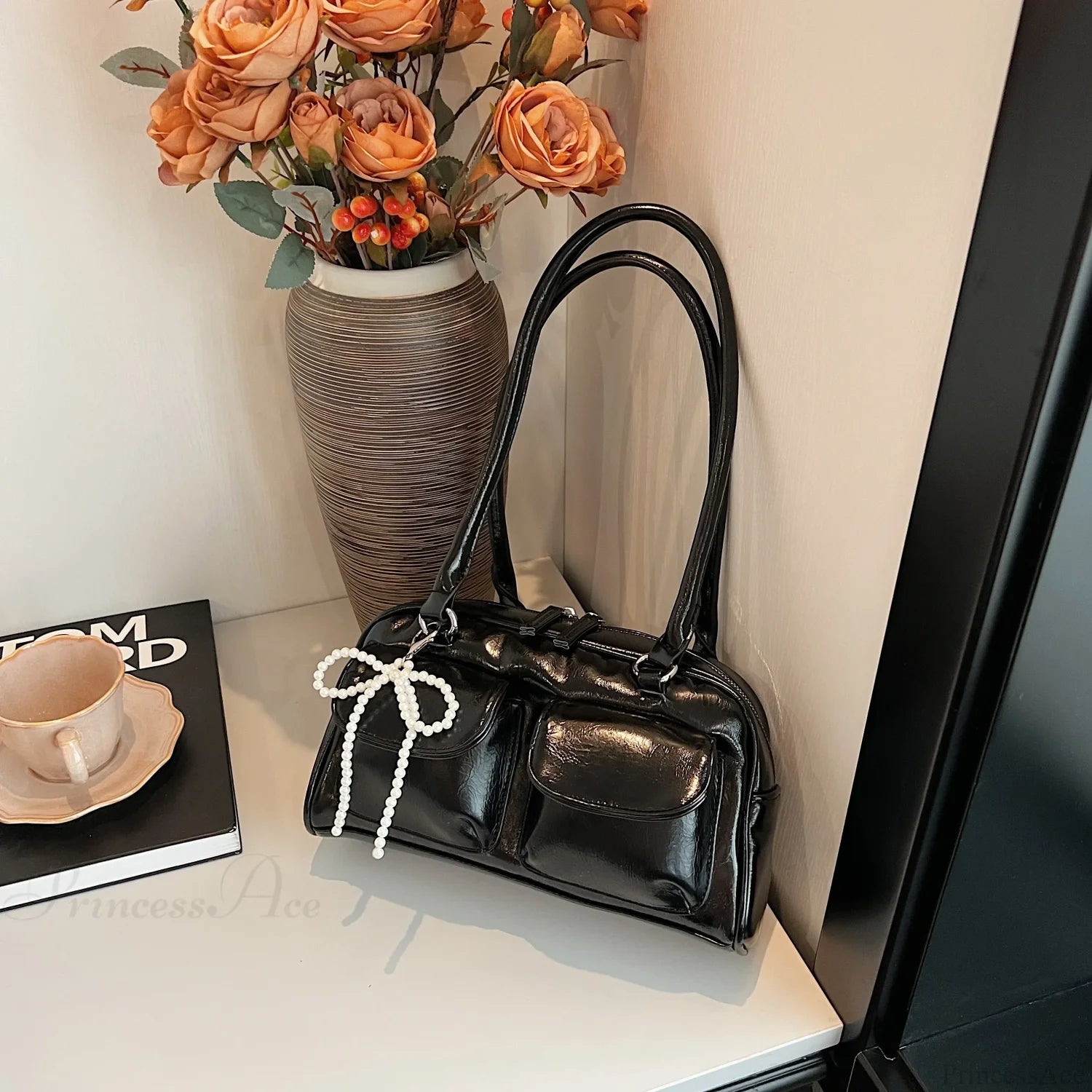 Black PU Leather Casual Shoulder Bag Black shoulder-250126