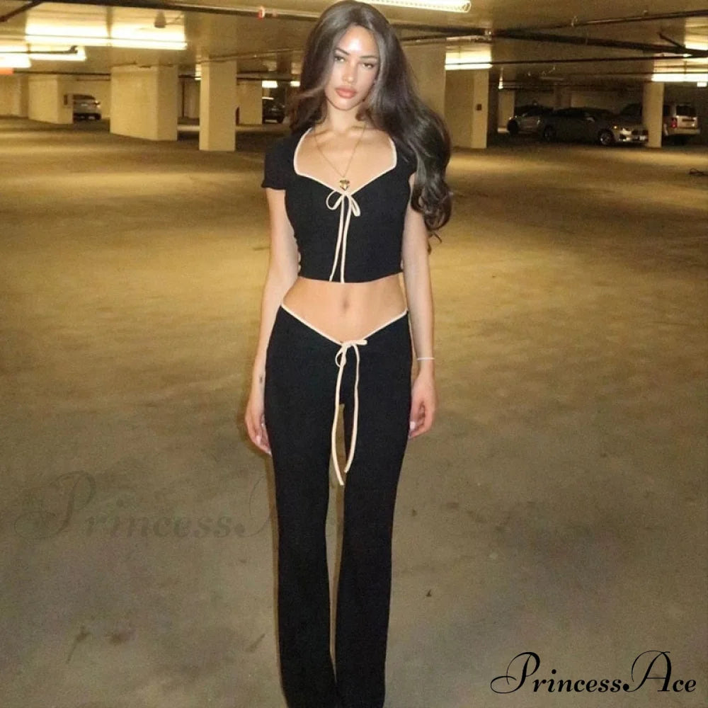 Black Ribbon Tie-Up Top Graceful And Pants Two Piece Set
