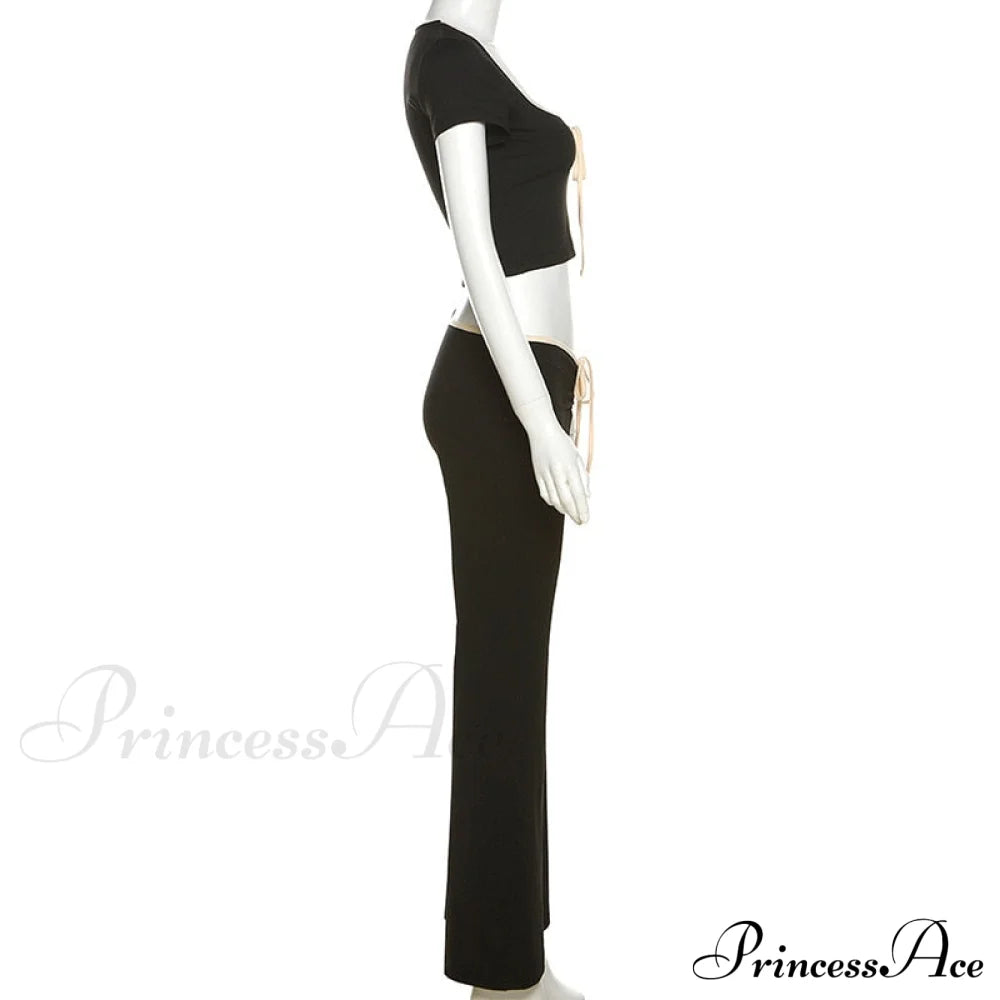 Black Ribbon Tie-Up Top Graceful And Pants Two Piece Set