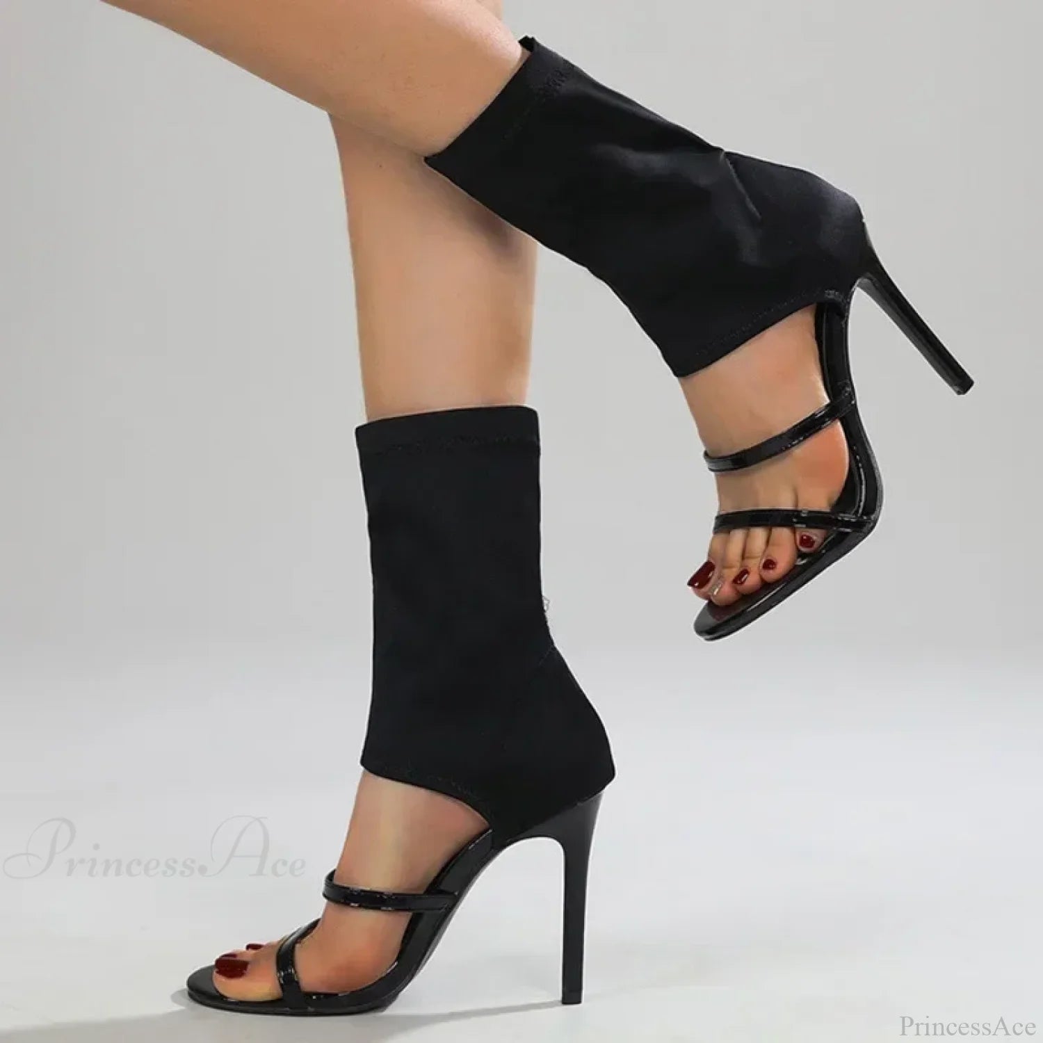 Black Roman Elastic Fabric Sexy Peep Toe Slip-On Thin High Heel Mid Calf Cool Booties Modern