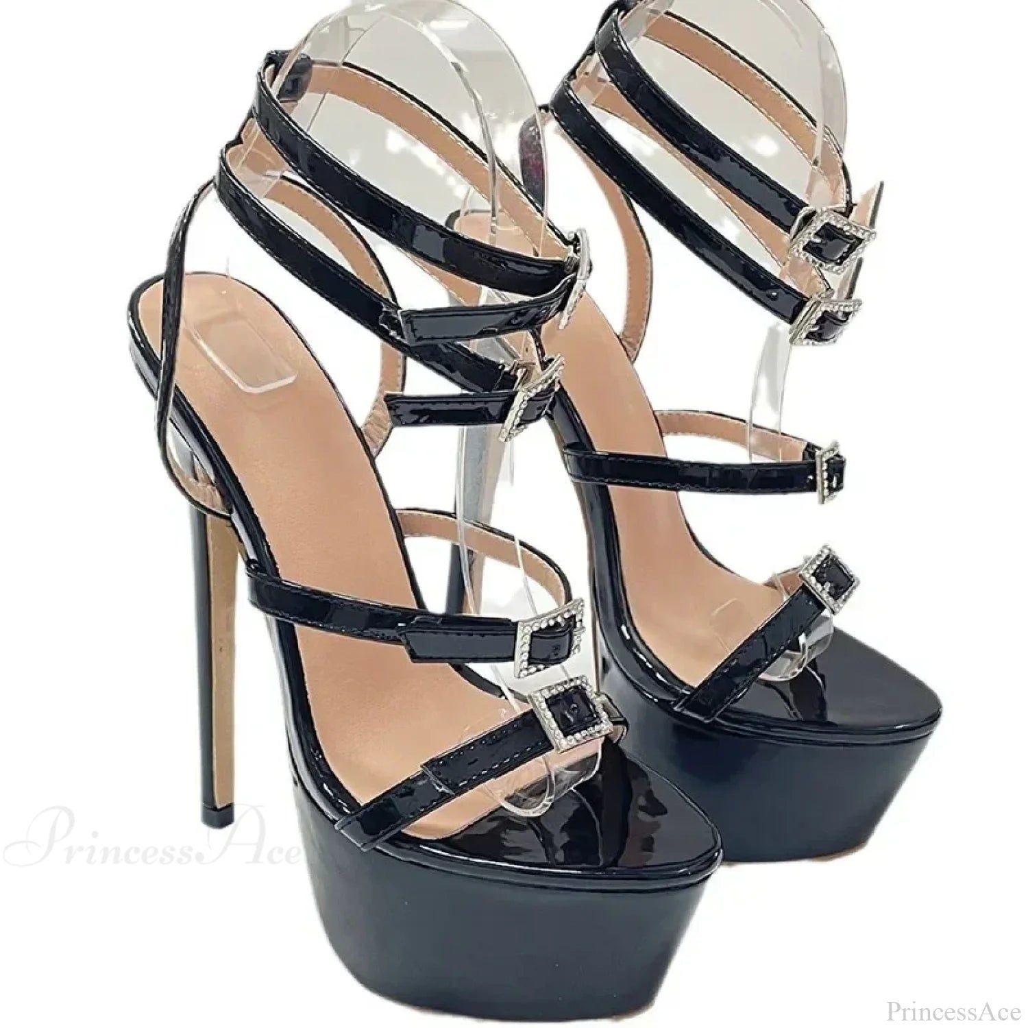 Black Round Head Platform Peep Toe Rhinestone Beltbuckle Strap 16Cm Thin High Heels Wedding Banquet