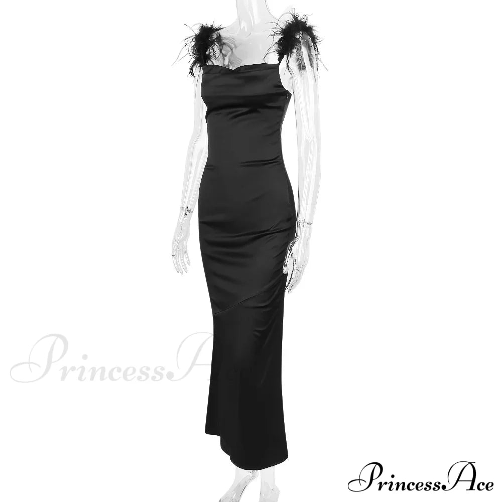 Black Satin Feather Charming Strap Maxi Dress Long