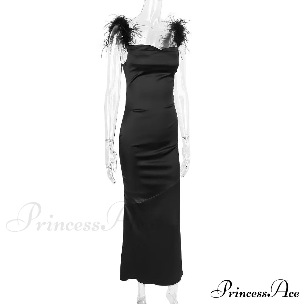 Black Satin Feather Charming Strap Maxi Dress Long