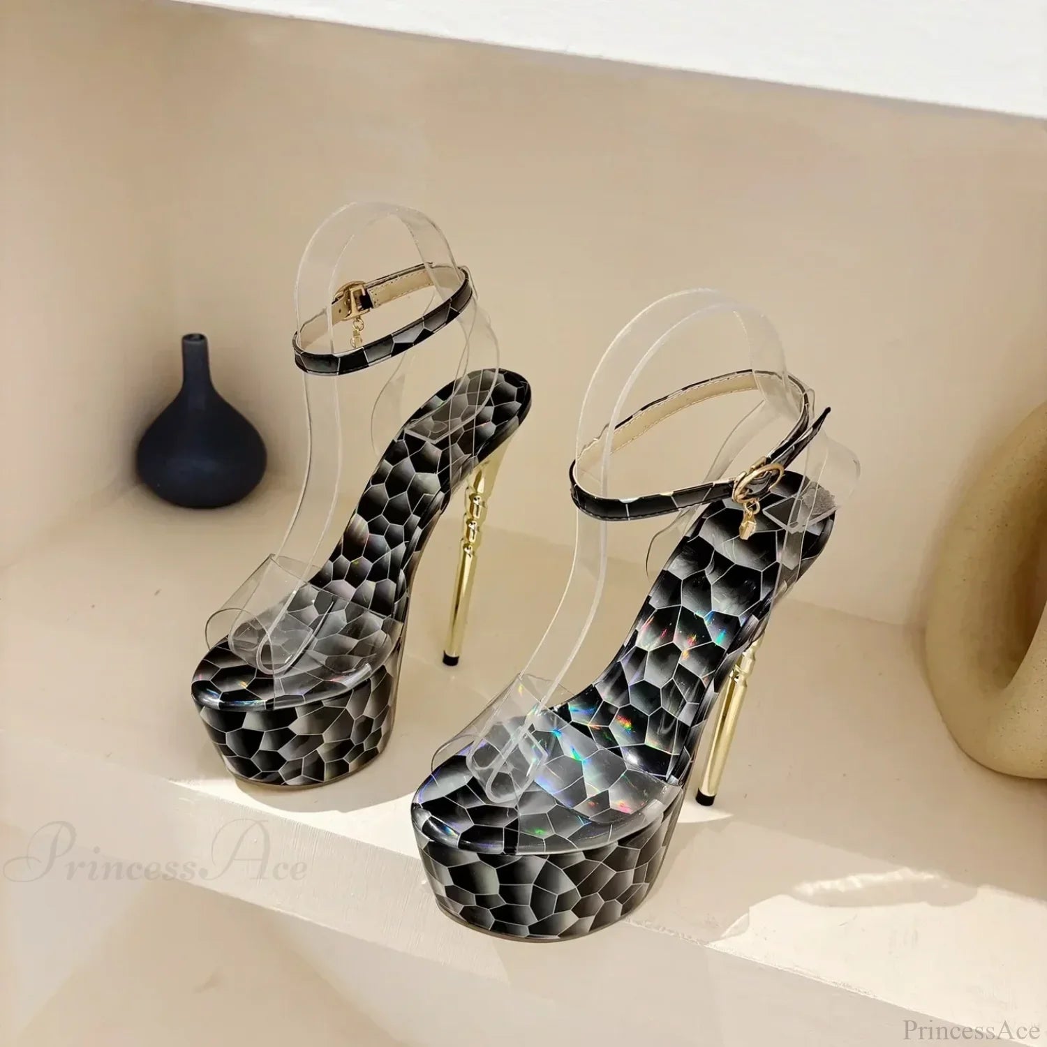 Black Sexy Mesh Butterfly-Knot Decoration One Word Peep Toebuckle Strap Cover Heel Thin High Heeled
