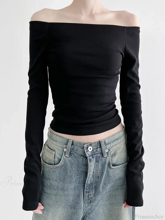 Black Slash Neck Elegant Long Sleeve Slim Knit Top Black / XL knittop-250126