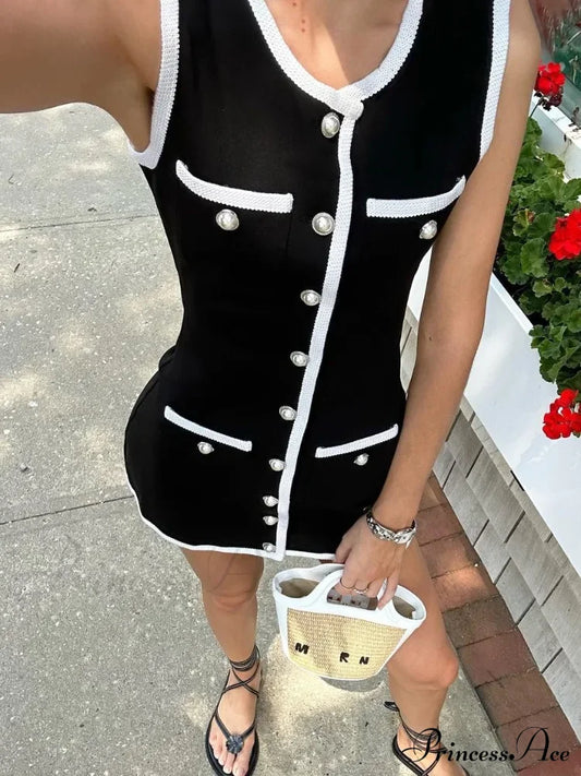 Black Sleeveless Contrast Charming Buttoned Mini Dress Dress