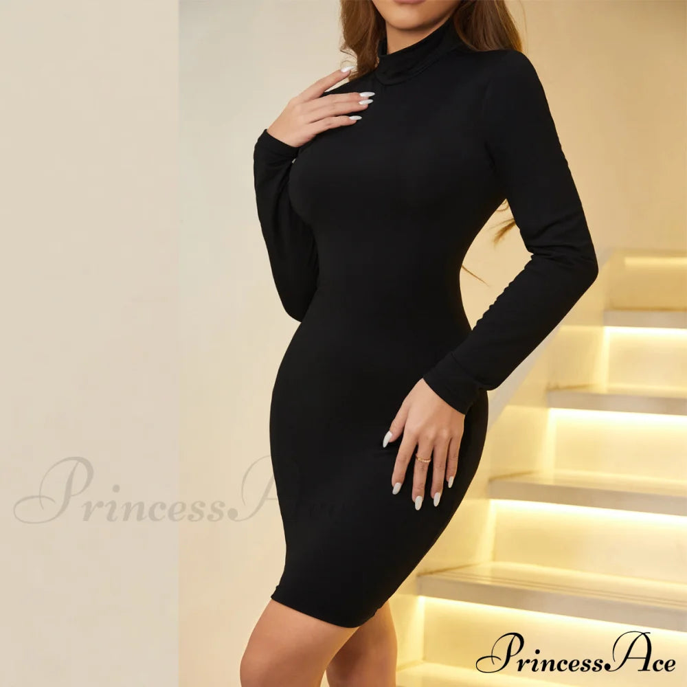 Black Slim Fit High Neck Mini Dress S /