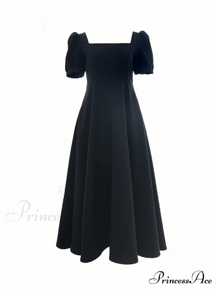 Black Square Neck Tea Length Dress S / Burgundy Satin Square Midi Dress