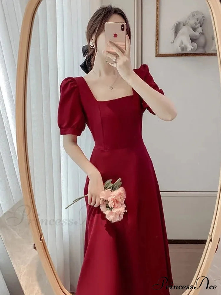 Black Square Neck Tea Length Dress S / White Satin Square Midi Dress