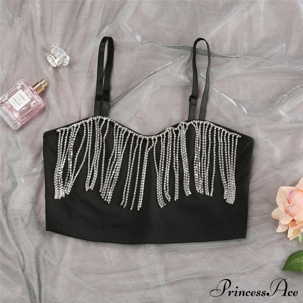 Black Strap Crop Charming Top With Rhinestone Fringe