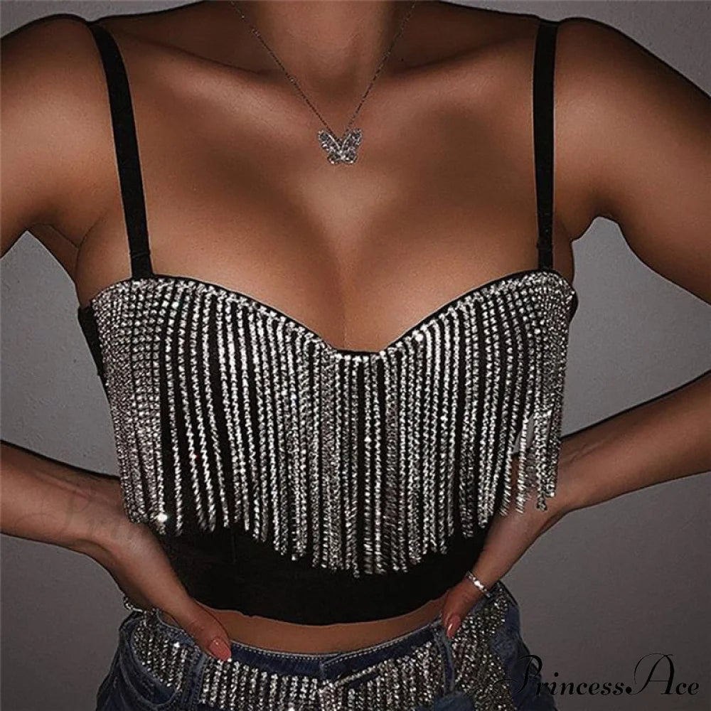Black Strap Crop Charming Top With Rhinestone Fringe