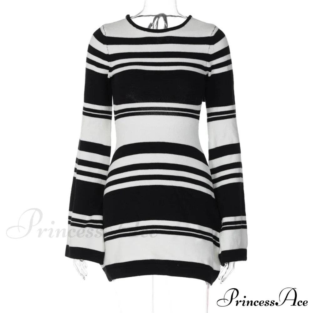Black Stripe Knit Backless Graceful Long Sleeve Mini Dress
