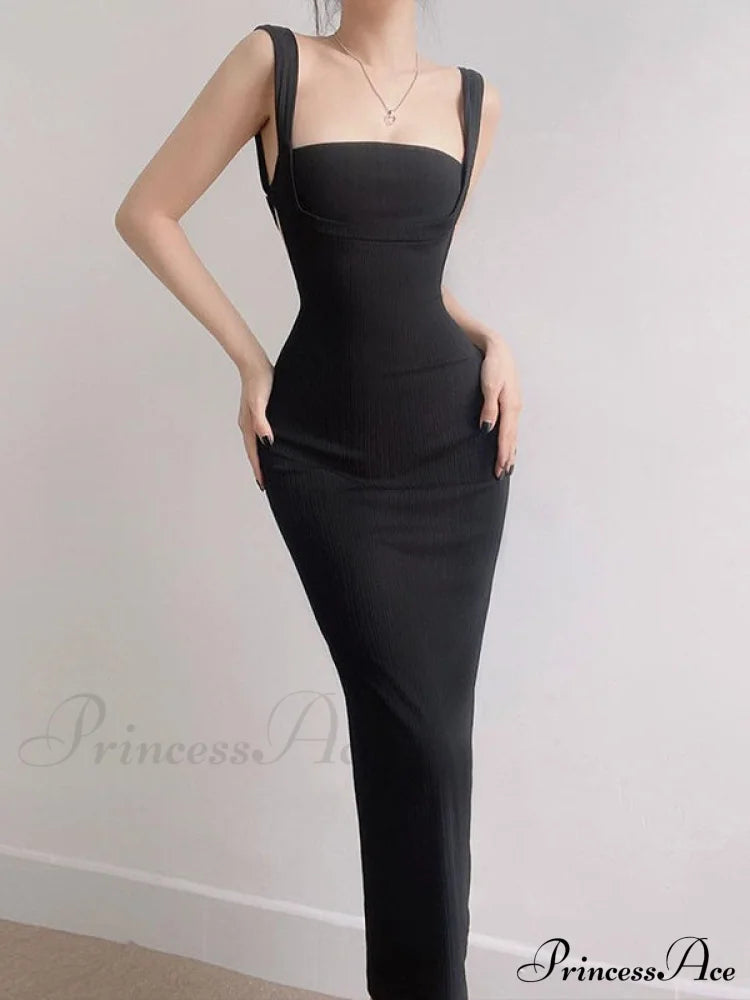 Black Tank Long Bodycon Dress With Tie Back S / Khaki Bodycon Dress