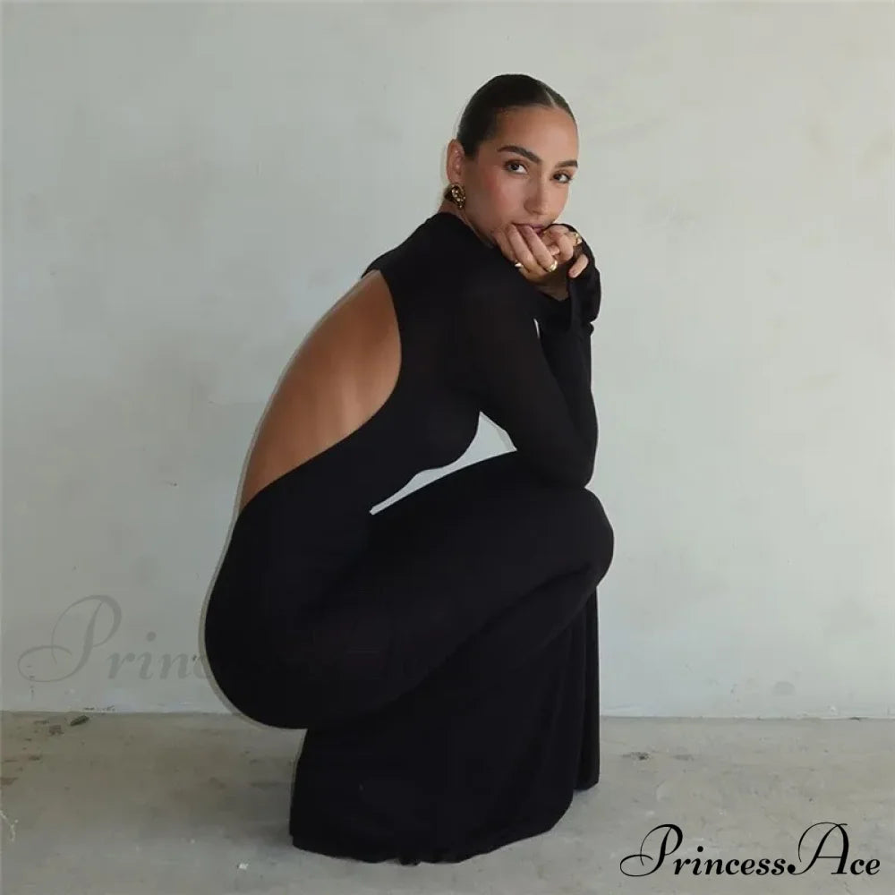 Black Turtleneck Backless Maxi For Women Elegant Evening Trumpet Sleeves 2024 Autumn Bodycon Long