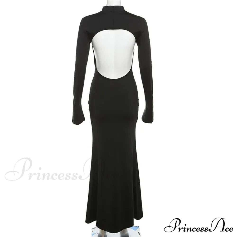 Black Turtleneck Backless Maxi For Women Elegant Evening Trumpet Sleeves 2024 Autumn Bodycon Long