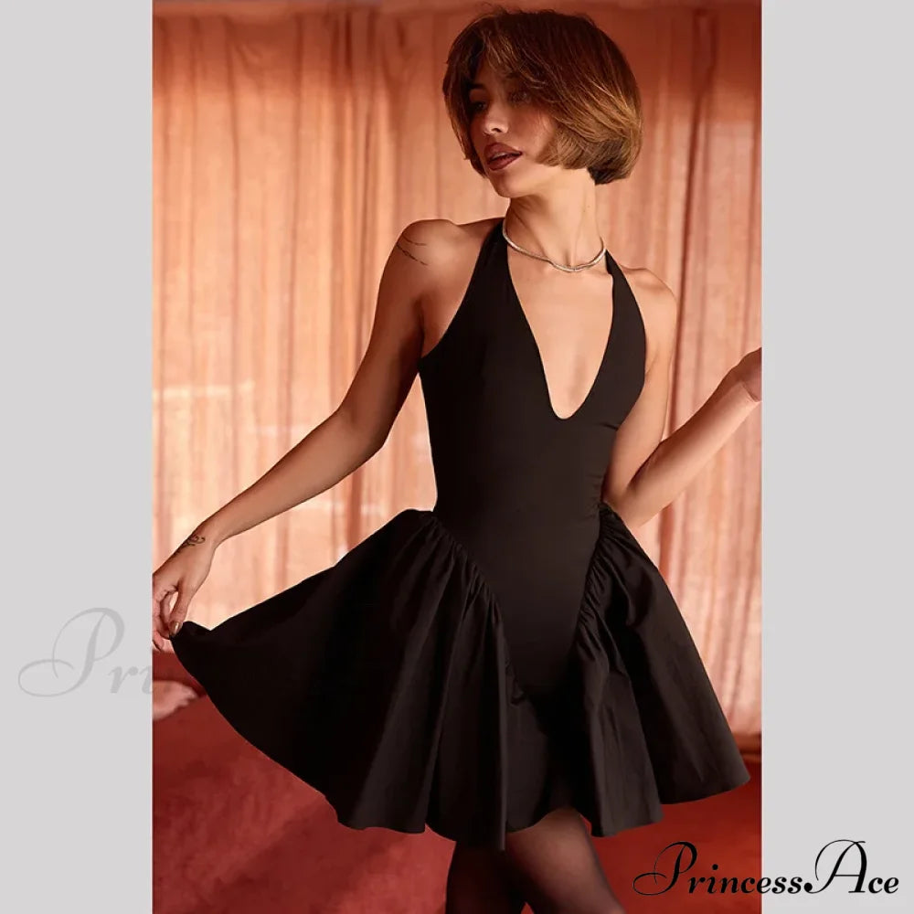 Black V-Neck Halter Charming Frill Mini Dress