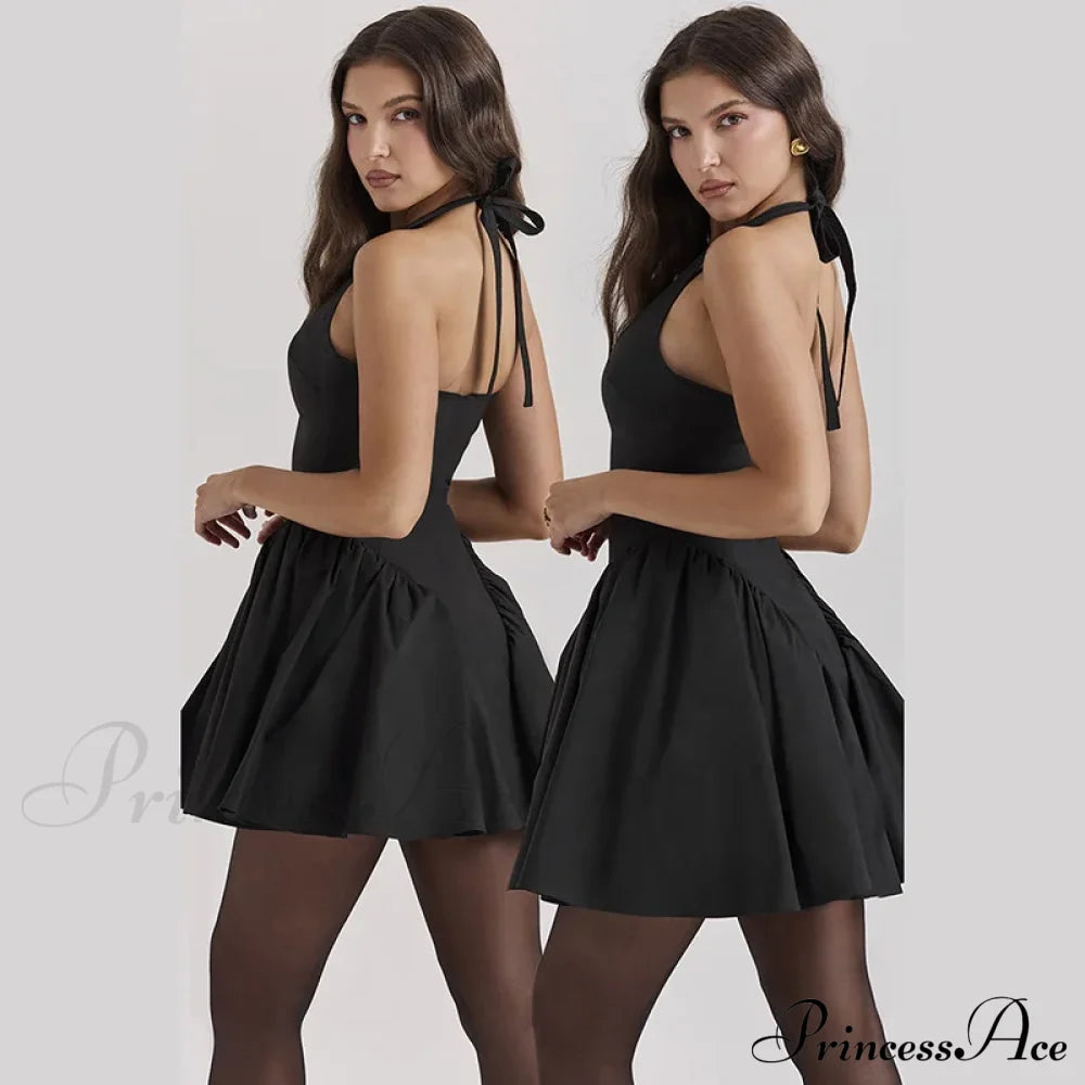 Black V-Neck Halter Charming Frill Mini Dress