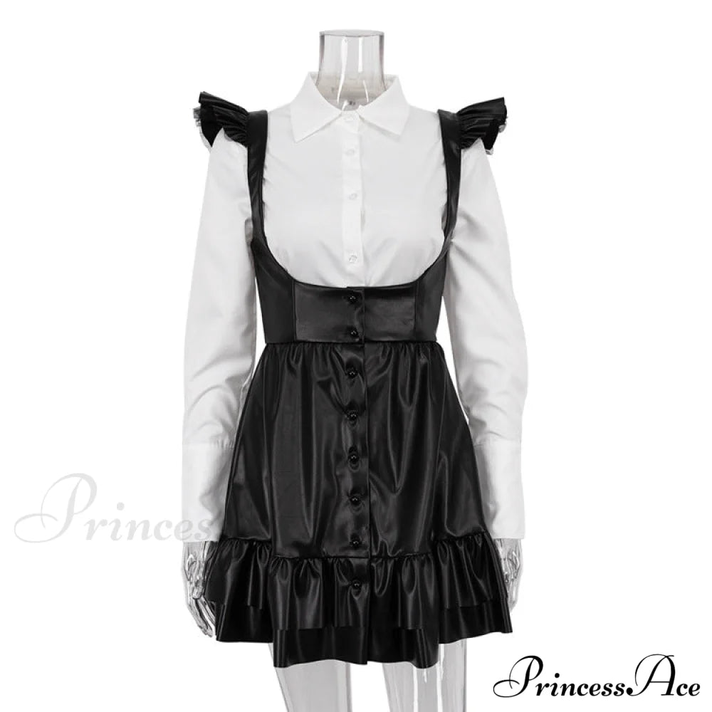 Black-White Contrast Long-Sleeve Skirt Suit Black / S