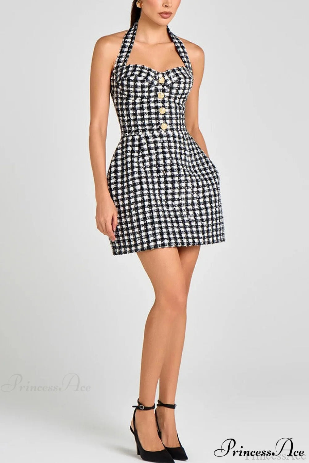 Black White Plaid Tweed Halter Party Dress