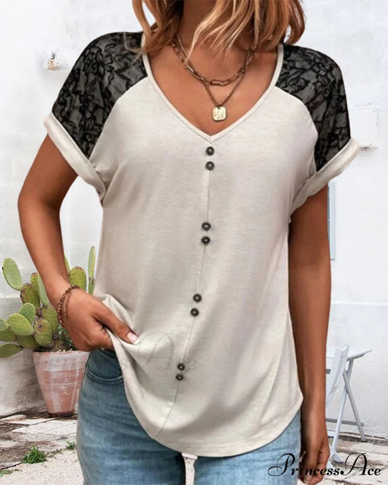 Block Color V-Neck Lace Tee T-Shirts