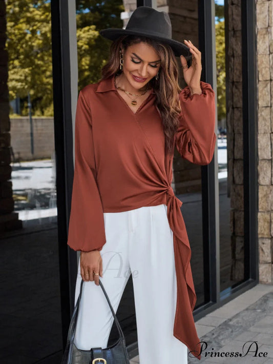 Casual V-neck trendy streamer Long Sleeve Satin Shirt, womens Top Brown clothes long sleeve shirt long sleeve shirts long sleeve top long sleeve tops shirt shirts top tops