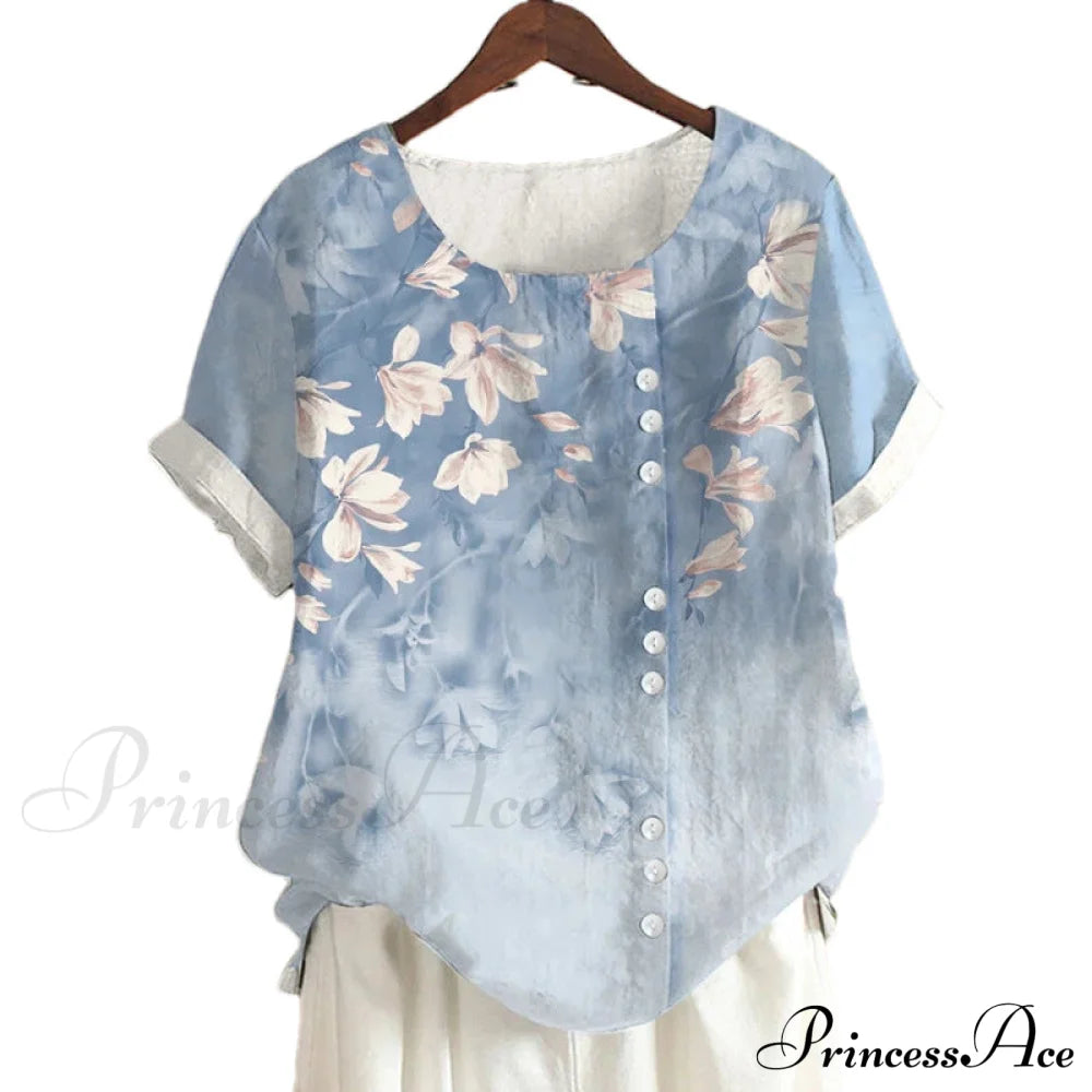 Blouse Casual For Fashion Loose Patterned Short-Sleeved Retro Summer Blouses