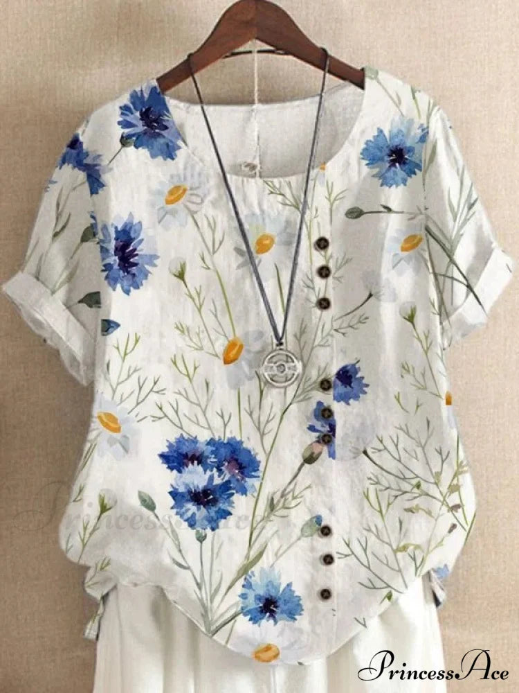 Blouse Casual For Fashion Loose Patterned Short-Sleeved Retro Summer Blouses