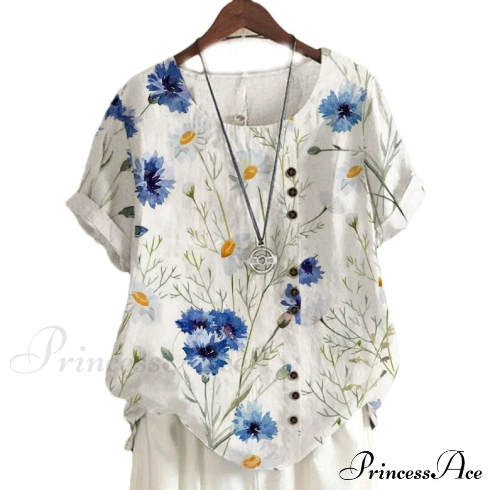 Blouse Casual For Fashion Loose Patterned Short-Sleeved Retro Summer Blouses