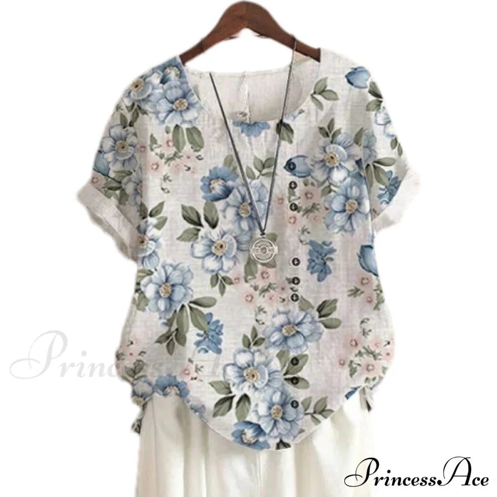 Blouse Casual For Fashion Loose Patterned Short-Sleeved Retro Summer Blouses