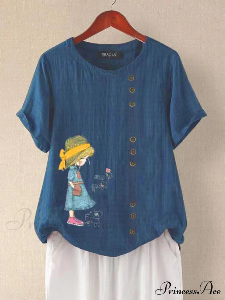 Blouse Casual For Fashion Loose Patterned Short-Sleeved Retro Summer Dark Blue / S Blouses