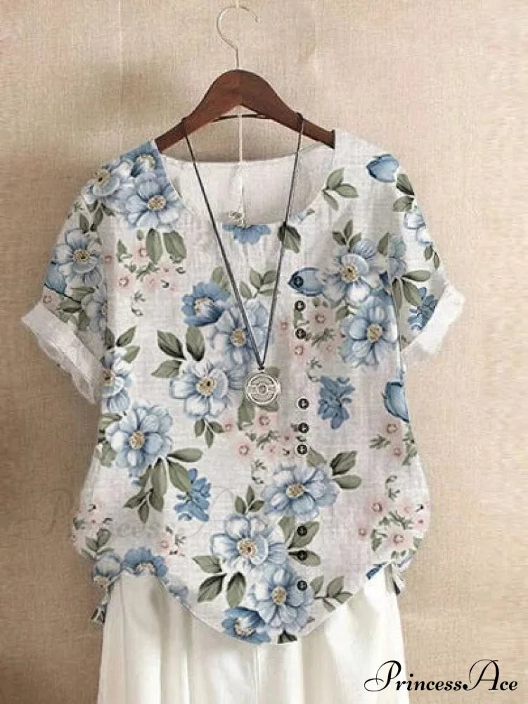 Blouse Casual For Fashion Loose Patterned Short-Sleeved Retro Summer Flower 2 / S Blouses