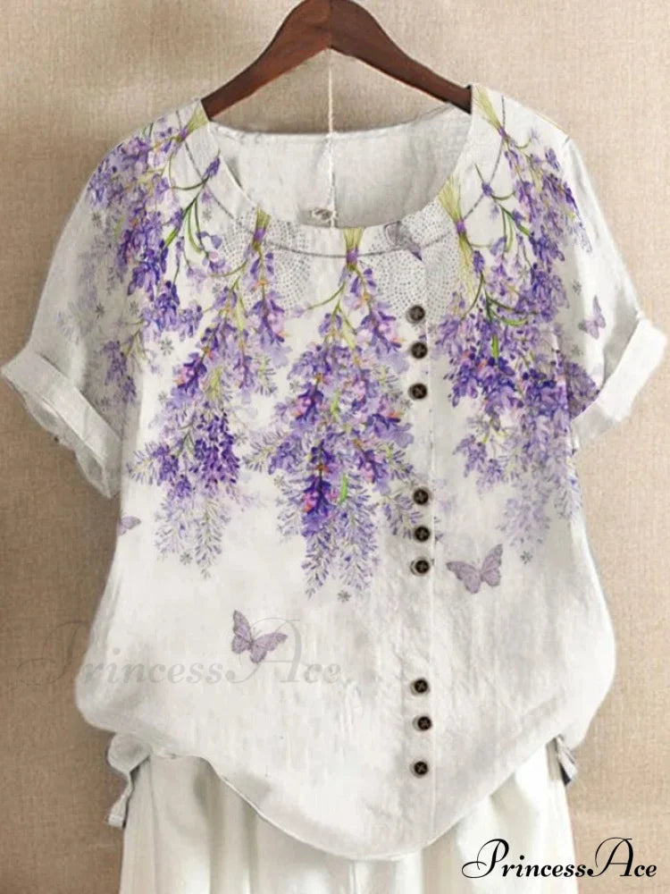 Blouse Casual For Fashion Loose Patterned Short-Sleeved Retro Summer Lavender 6 / S Blouses
