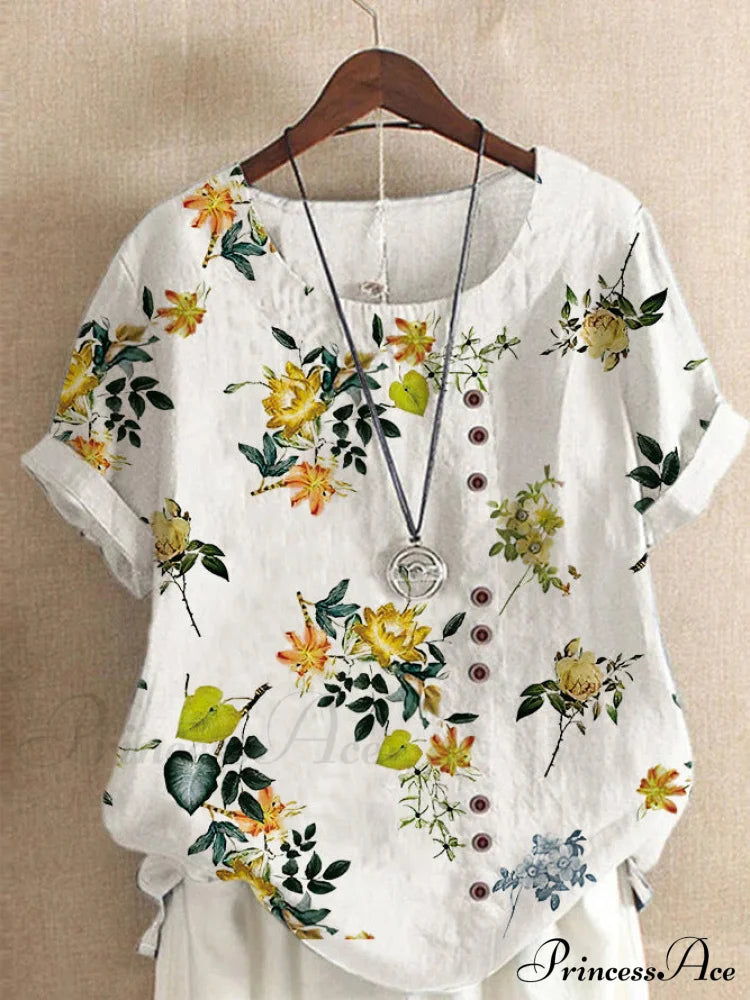 Blouse Casual For Fashion Loose Patterned Short-Sleeved Retro Summer Yellow Flower 8 / S Blouses