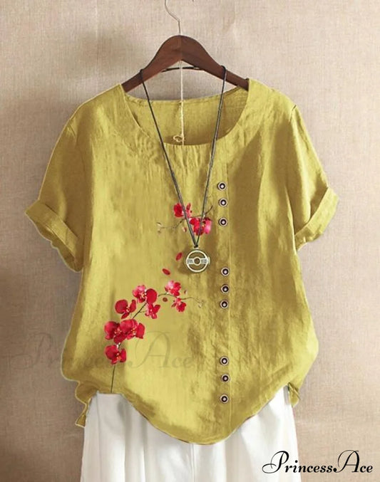 Blouse Casual For Fashion Loose Patterned Short-Sleeved Retro Summer Yellow / S Blouses