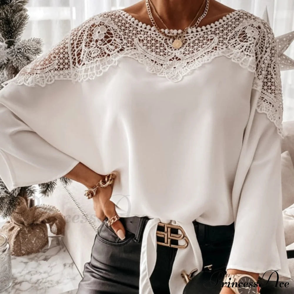 Blouse Embroidery Vintage Lace Elegant Top Women Crochet Autumn White Blusa Ladies 12459