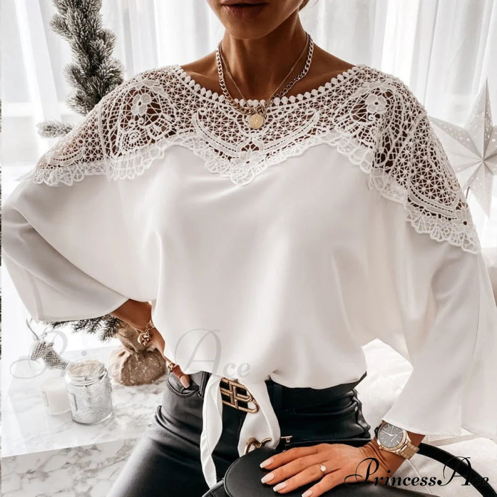 Blouse Embroidery Vintage Lace Elegant Top Women Crochet Autumn White Blusa Ladies 12459 / S