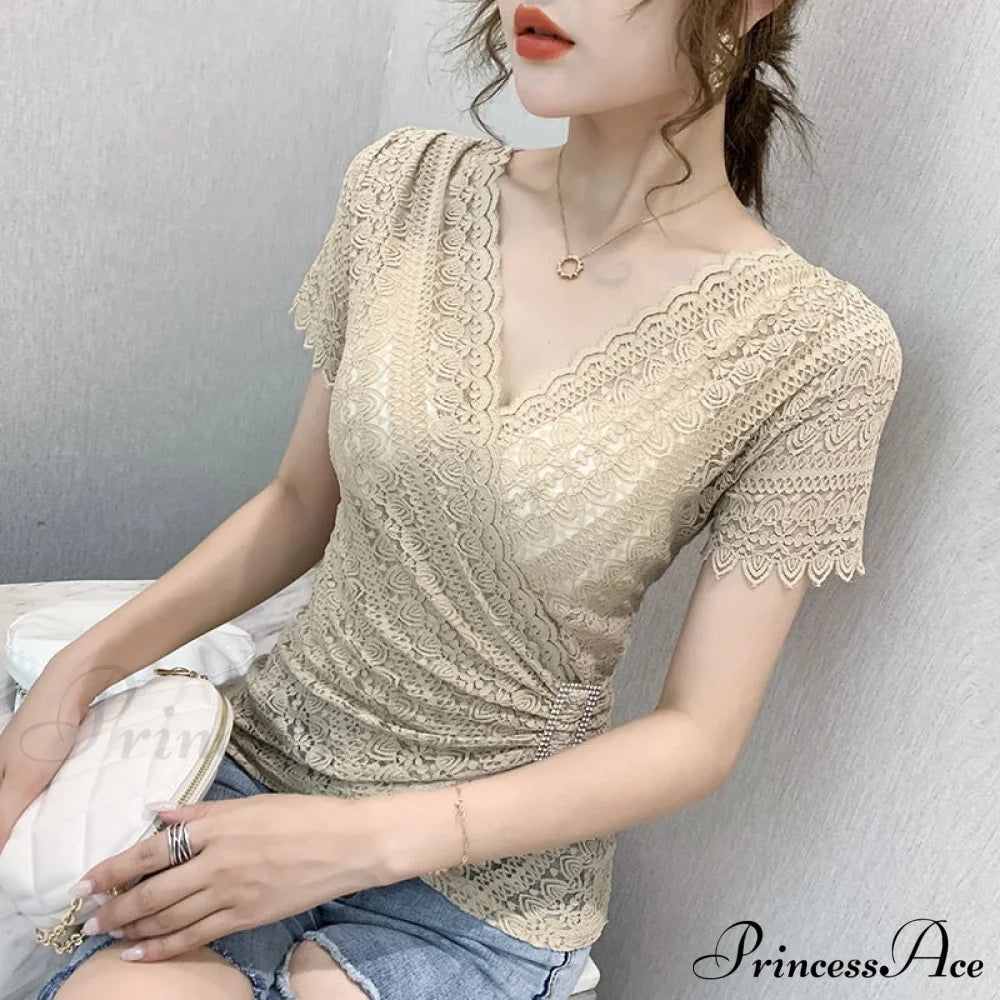 Blouse Lace Hollow Tops Size Out Plus Sexy Warm-Season V-Neck 5Xl Women Arm Brief Blusas Khaki / M