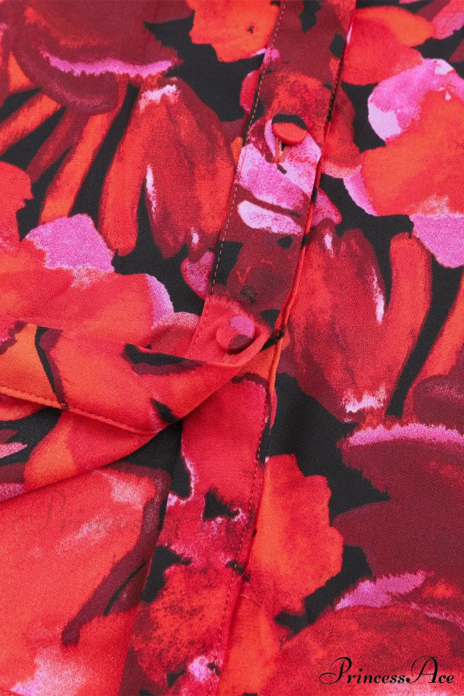 Blouse Lantern Arm Flowered Design In Red Tops