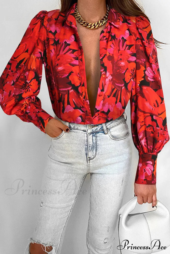 Blouse Lantern Arm Flowered Design In Red Tops