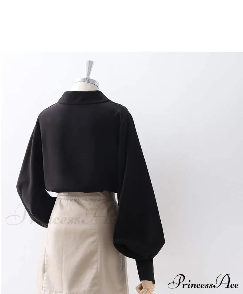 Blouse Lantern Women’s White Sleeves Button Up With Vintage Black